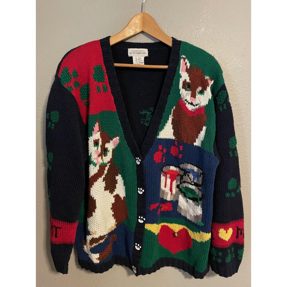 Alexandra Bartlett For The Eagle's Eye Cardigan Womens 1X Cat Paint Print 90s
